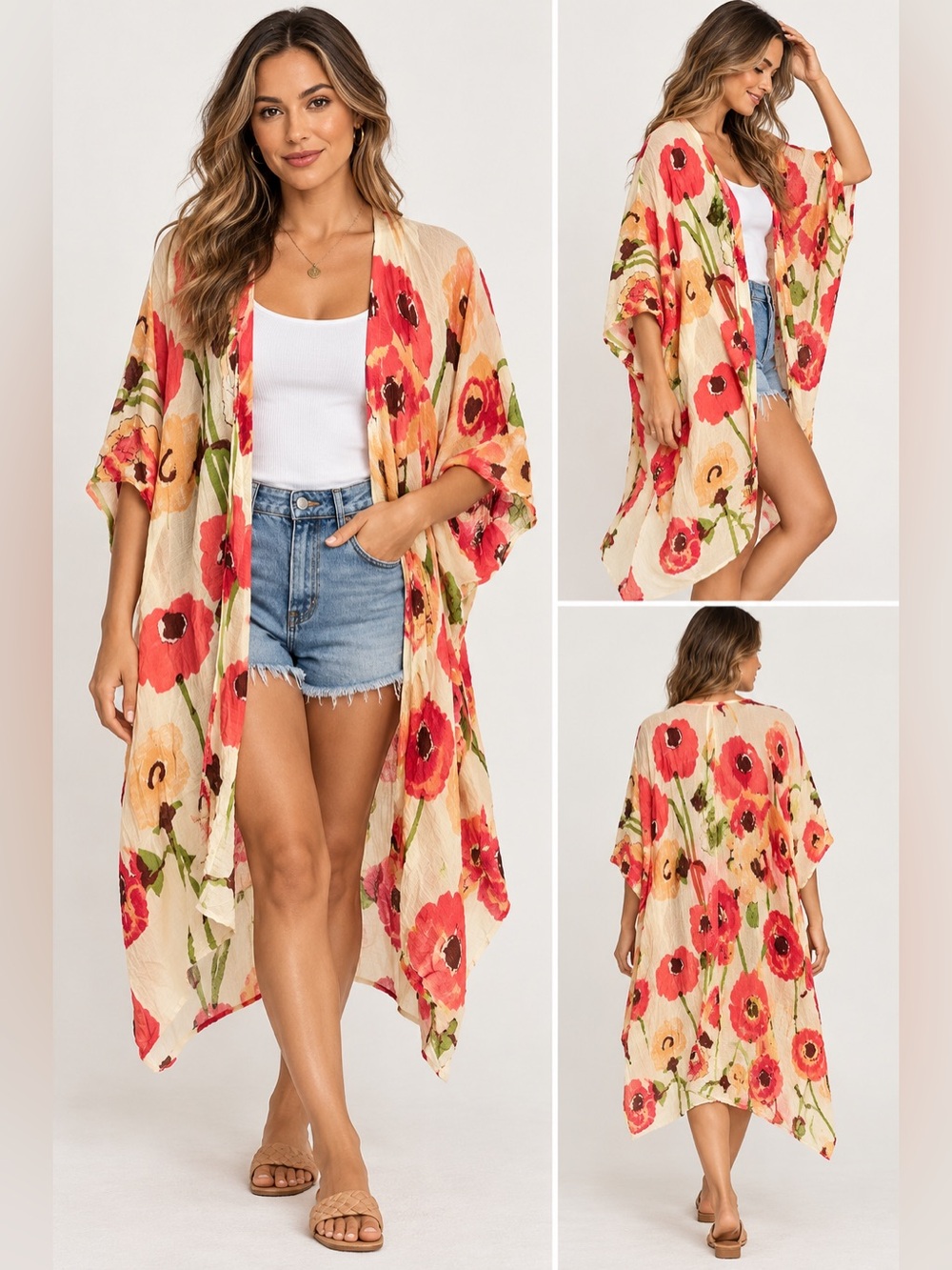 Floral Open-Front Kimono Cardigan - Cream with Red & Pink Blooms